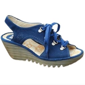 Fly London Bold Blue Yifa Leather Lace-Up Cut Out Sling Back Wedges Size 10-10.5
